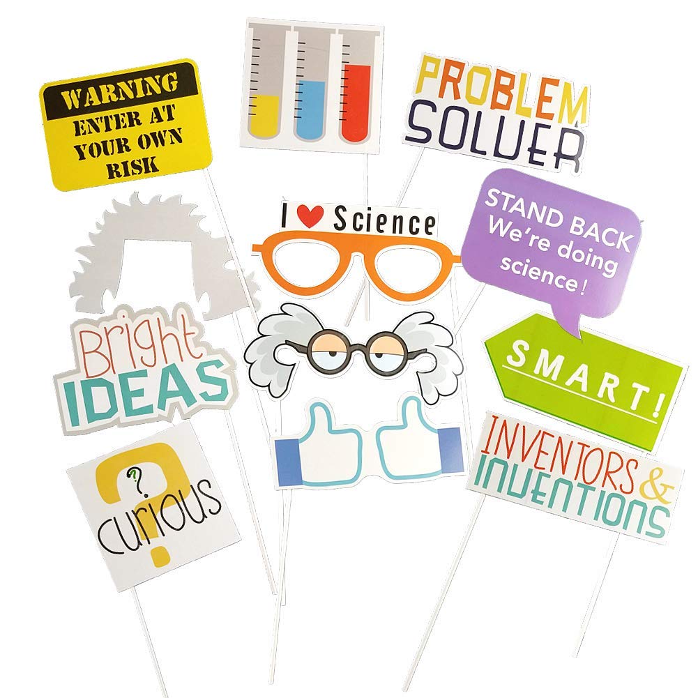 YiiiGoood 12Pcs Science Photo Booth Props with Stick Mad Scientist Selfie Props Chemistry Laboratory Birthday Party Supplies