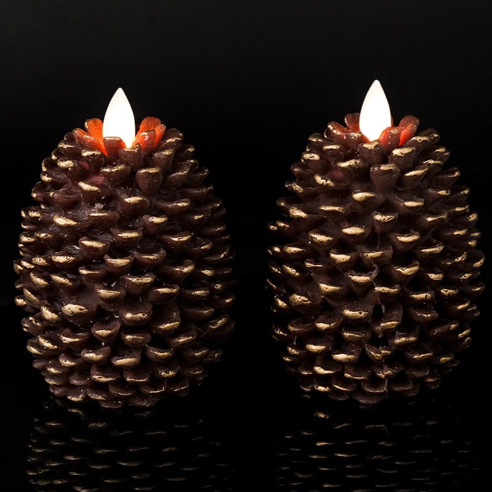 Lighting - Wondise Flameless Candles with Timer, Battery Operated Flickering Wick Real Wax Pine Cone Candles for Holiday Indoor Decoration, Set of 2, Brown(D3.5 x H4.7 Inch)