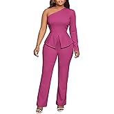 Aro Lora Womens Sexy 2 Piece Outfits One Shoulder Long Sleeve Slit Top and Pant Set Dressy Pantsuits