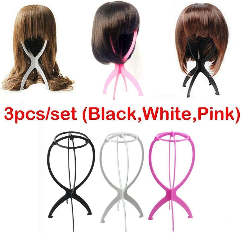 3PCS Black White Pink Wig Stand Set Holder Display Plastic Folding Dummy Hair Hat Cap Mannequin Short Wig Stands for Wigs, Collapsible Dryer, Durable Display Tool, Travel Stands