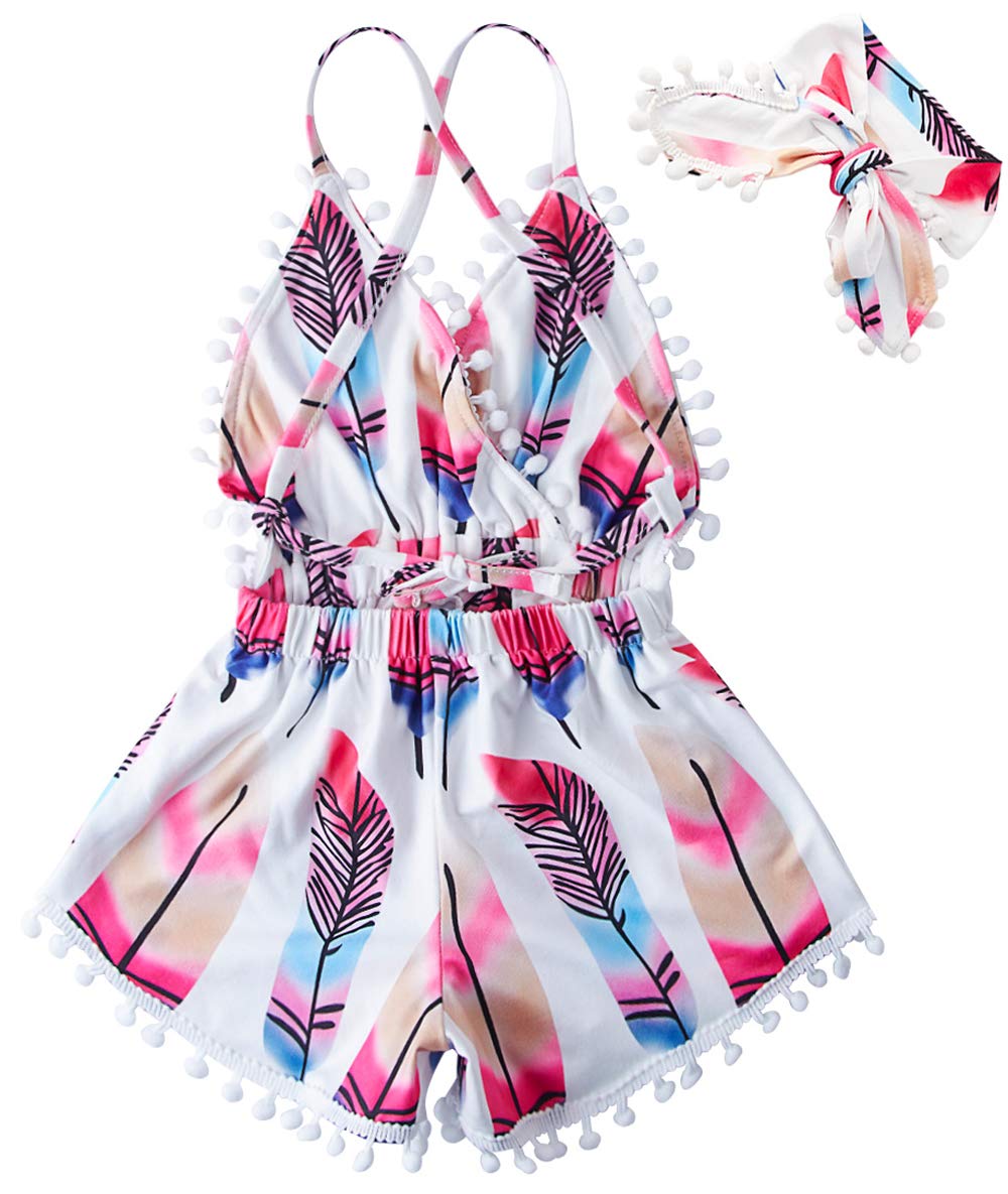 UNICOMIDEA Unisex Baby Jumpsuits Cool Pink Feather One-Pieces Pom Pom Rompers Bright Color Outfit Clothes Sleeveless Bodysuit Play Suits with Headband for 6-12 Months Infant Kids Summer Clothes