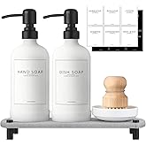NEECZS Kitchen Soap Dispenser Set with Instant Dry Tray,16 Oz Hand and Dish Soap White Glass Dispenser Set,Stainless Steel Pump,Waterproof Labels,Dish Brush,Luxury Soap Bottle for Kitchen,Bathroom