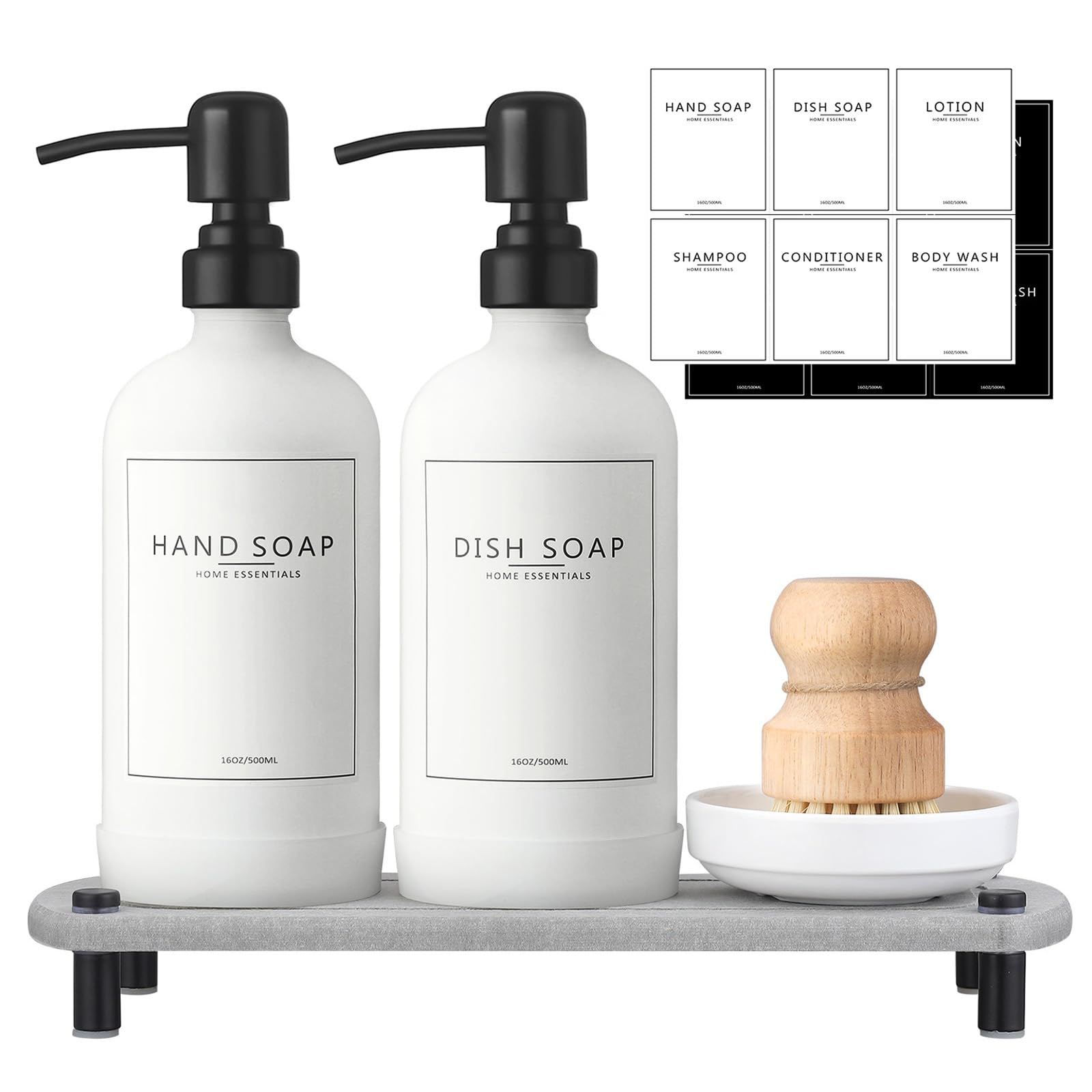 Photo 1 of NEECZS Kitchen Soap Dispenser Set with Instant Dry Tray,16 Oz Hand and Dish Soap White Glass Dispenser Set,Stainless Steel Pump,Waterproof Labels,Dish Brush,Luxury Soap Bottle for Kitchen,Bathroom