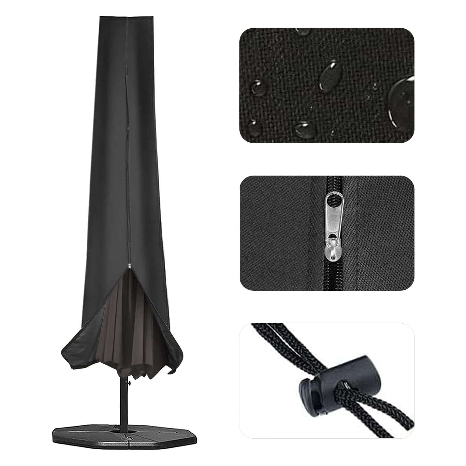 RICHIE Garden Parasol Cover Outdoor Umbrella Covers Fit 2.5 to 4m Diameter Parasols 190x25x50cm Waterproof 600D Oxford PVC Coating with Heavy-duty Zip and Adjustable Drawstring Cord at Bottom, Black