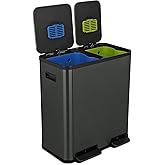 70 Liter / 18.5 Gallon Rectangular Hands-Free Dual Compartment Recycling Kitchen Step Trash Can with Soft-Close Single Lid, Stainless Steel (40L x 30L Capacity) Elegant Black Finish