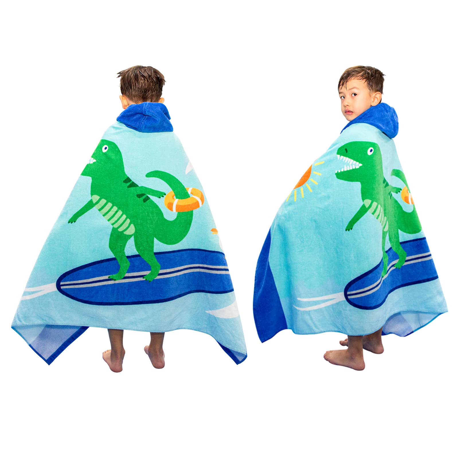 BANGSAUR Children's Hooded Bath Beach Towel, 100% Cotton 50"x30" Wrap, Kids Toddlers Girls Boys 3-12 Years Coverup(Surfing T-rex)