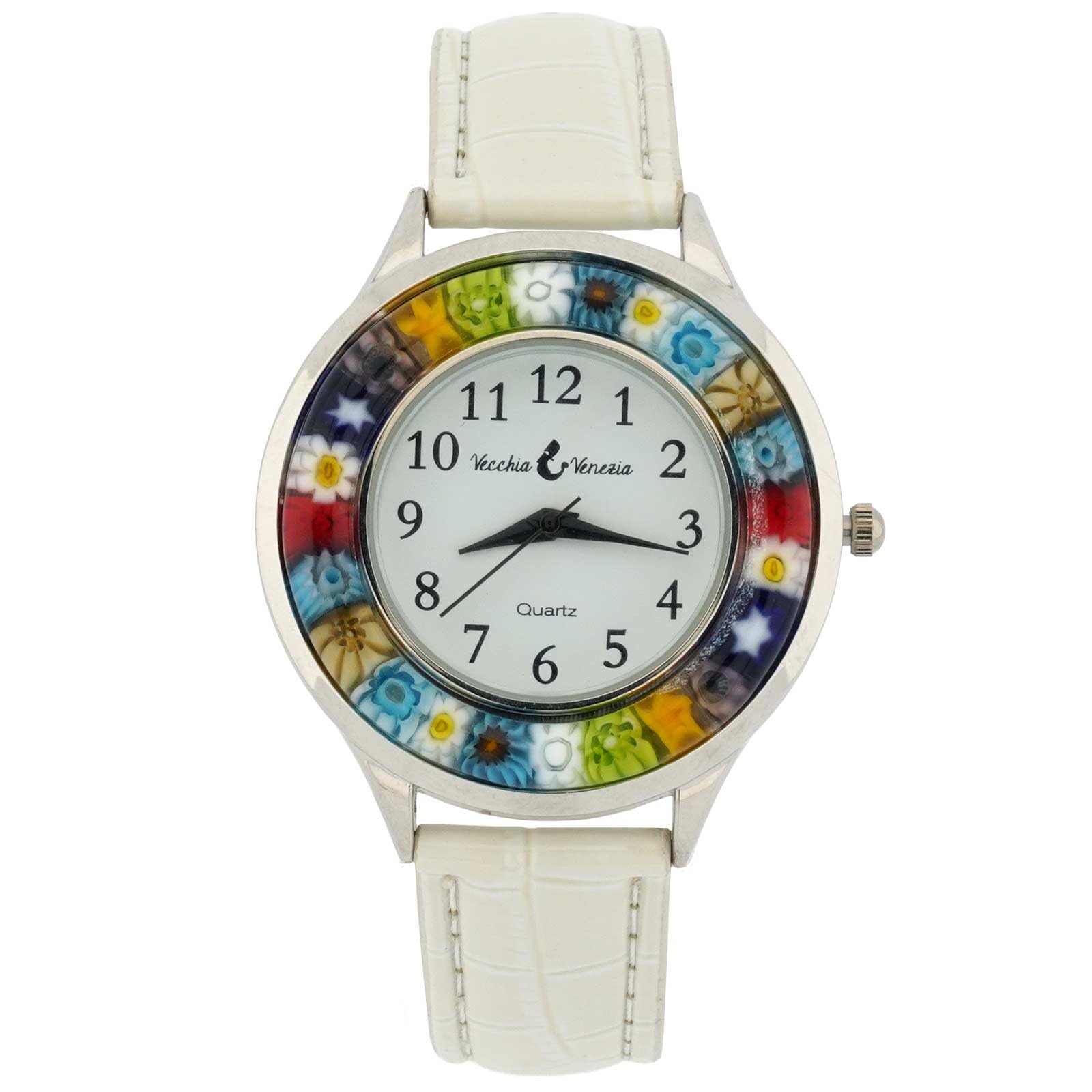 Glass Of Venice Serena Murano Millefiori Watch with Leather Band - White