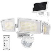 Ensenior Solar Flood Lights Outdoor, Split Panel Design, White, 1-Pack | Remote included, 1800LM, 5 modes, 3 adjustable heads, 270&deg; coverage, 180&deg; motion detection up to 75ft, IP65 waterproof