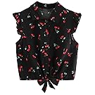 ROMWE Women's Short Sleeve Ruffle Trim Cherry Print Knot Front Blouse Shirts Top Black XS