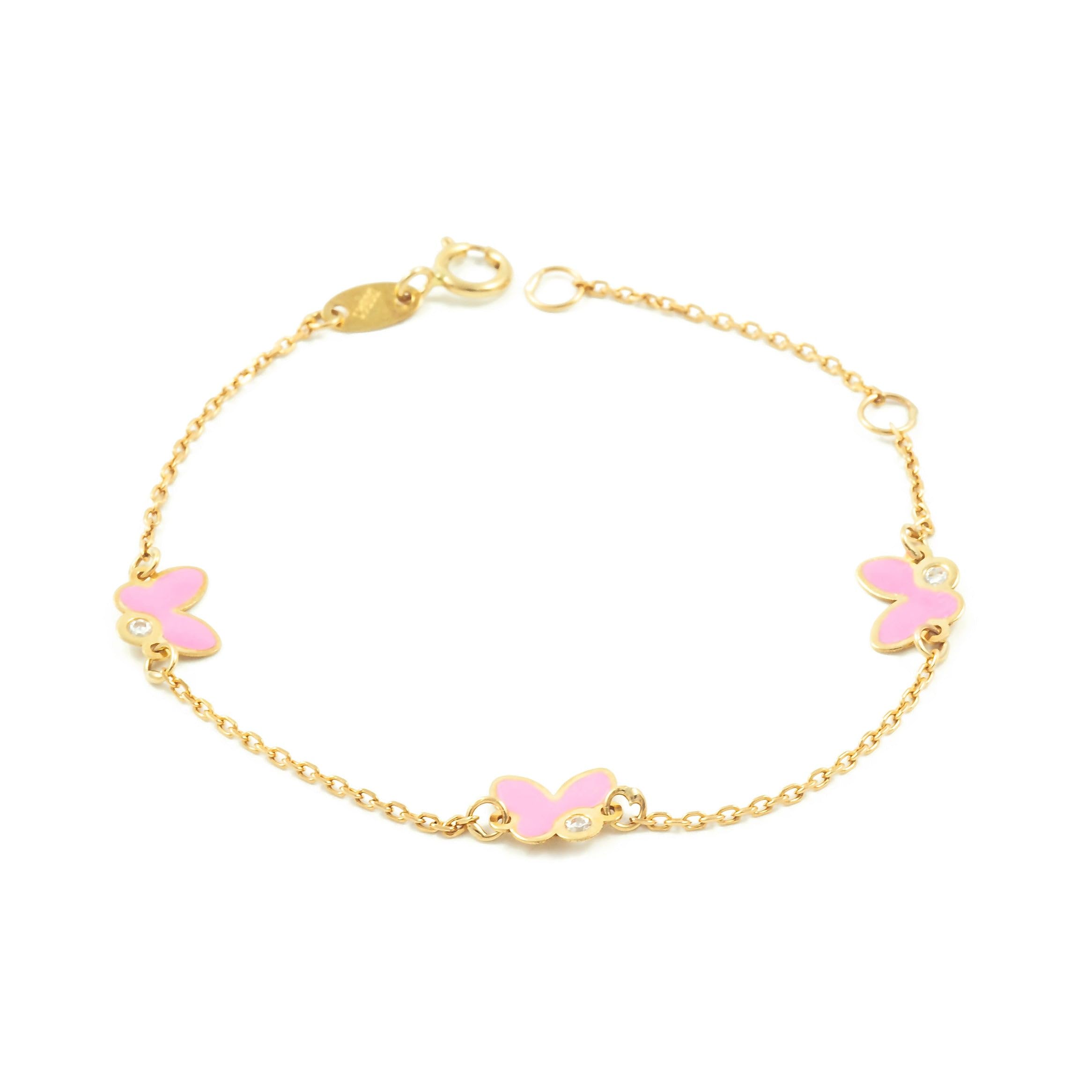 Monde Petit - 9ct Yellow Gold Butterfly Enamel girls Bracelet Pink Zirconia Sparkle 14 cm
