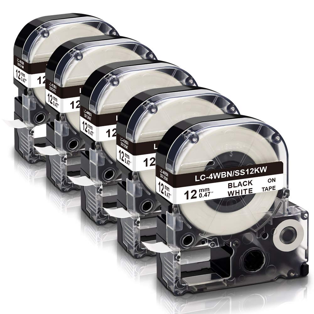 Photo 1 of Absonic Compatible for Epson Label Maker Tape LK-4WBN LC-4WBN LC 4WBN9 SS12KW 12mm 1/2" Black on White 0.47" Label Tape Work for Epson LabelWorks LW300 LW400 LW500 LW700 LW-K200PX Label Maker, 5-Pack