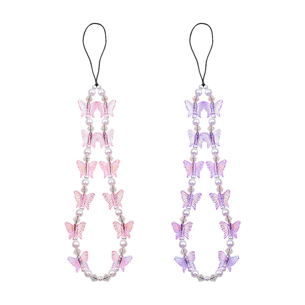 Jagowa 2PCS Phone Charm Pearl Lanyard Wrist Straps Bling Crystal Butterfly Pendant Anti Lost Mobile Phone Chain for Women Girl, Pink, Purple