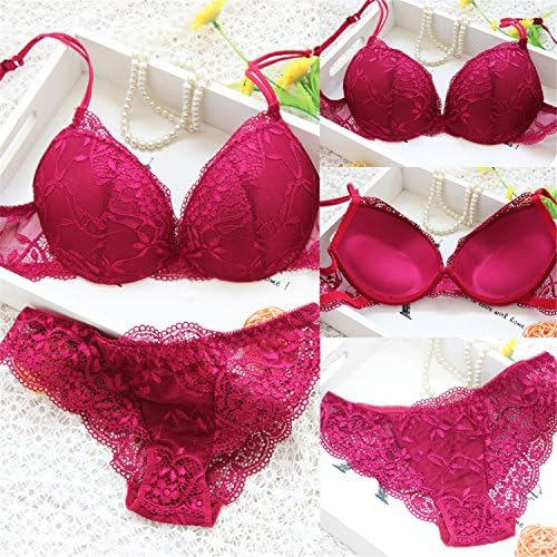 Jemmou Underwear Woman Lady Bra And Panty Set Lace Sexy Floral Push-Up Panties Hollow Transparent Lingerie Bowtie Underwear Bodysuit Sleepwear VS Red75B