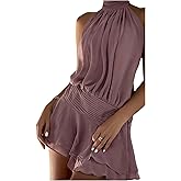 Floerns Women's Summer Mini Dress Sleeveless Halter Backless Ruched Date Night Layered A Line Dresses