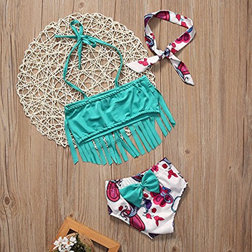 Baby Girls 3 Pcs Swimwear Tassels Halter Top+Floral Bottom+Headband Swimsuit size1-2Years/Tag90 (Blue)