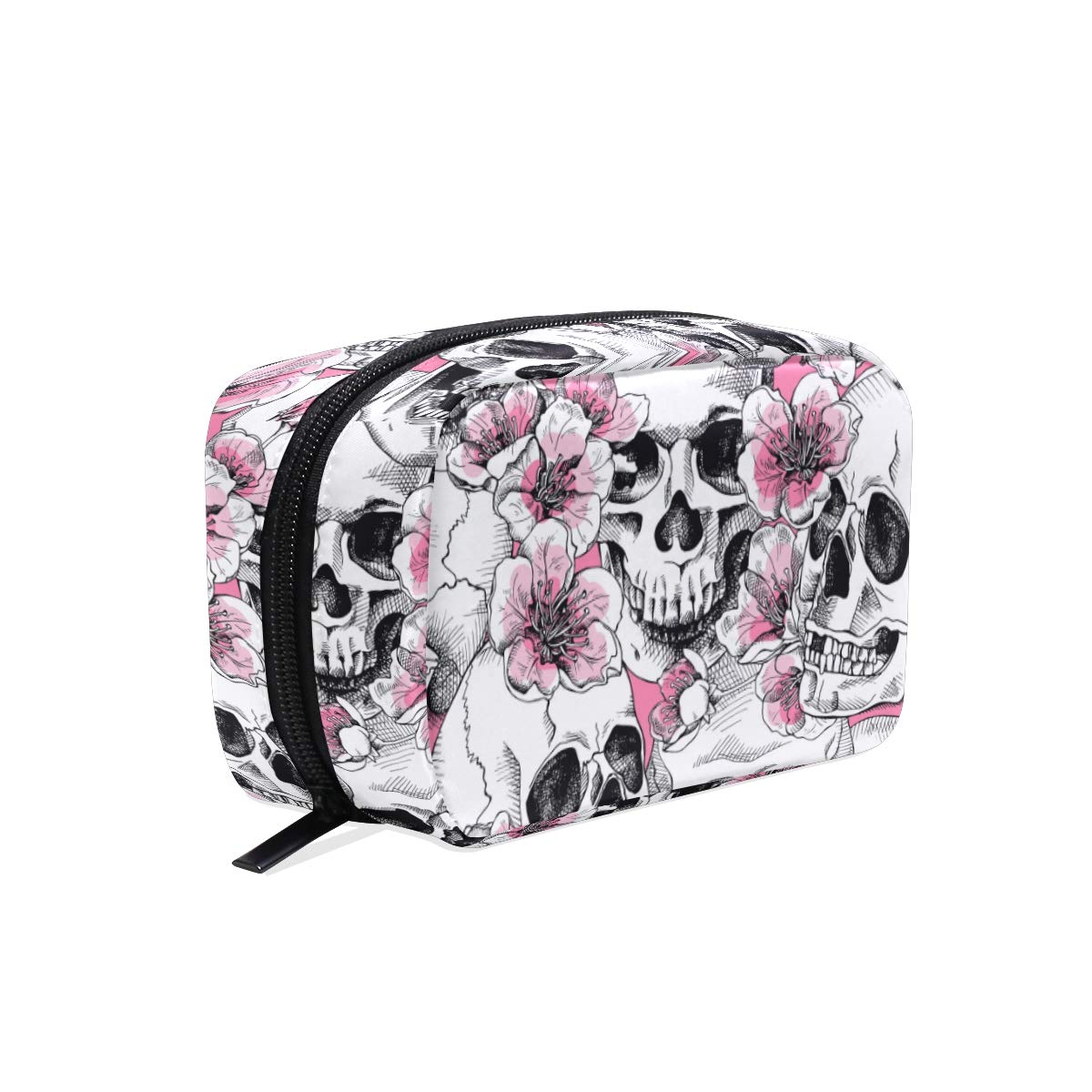 Makeup Pouch Sugar Skull Rose Peony Print Cosmetic Toiletry Bag Storage Large Travel Handle Personalised with Compartments for Teenage Girl Women Lady Pink White