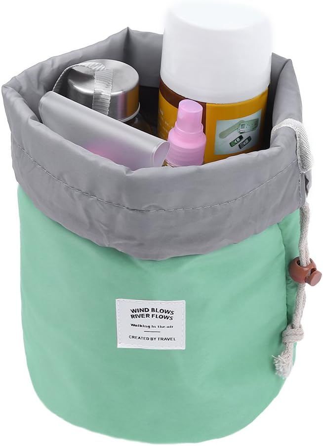 Pretty See Waterproof Makeup Barrel Bag Portable Cosmetic Barrel Bags Multi-functional Travel Bucket Toiletry Organizer with Drawstring and 3 Mesh Pockets, Suitable for Both Home and Travel, Pink