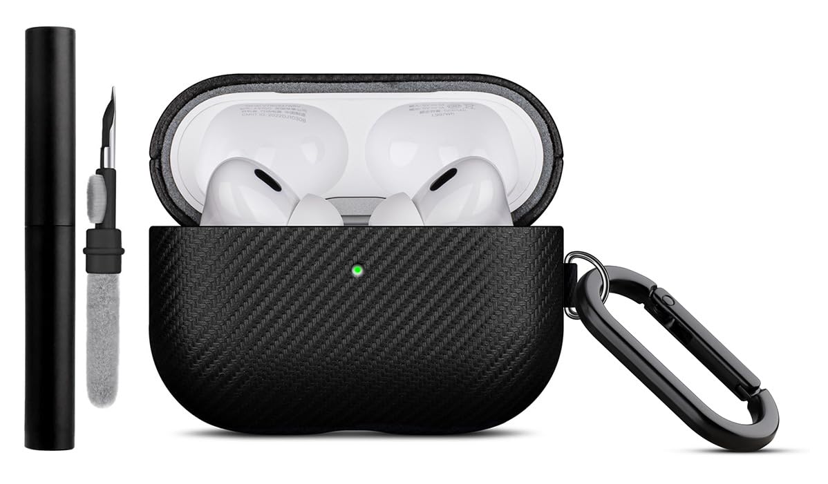 Photo 1 of LOPIE Designed for AirPods Pro 3rd Generation Case Cover (Not for 2nd Gen), Carbon Fiber Texture Vegan Leather Case with Keychain & Cleaner Kit, Handmade Protective Hard Cover for AirPods Pro 3, Black