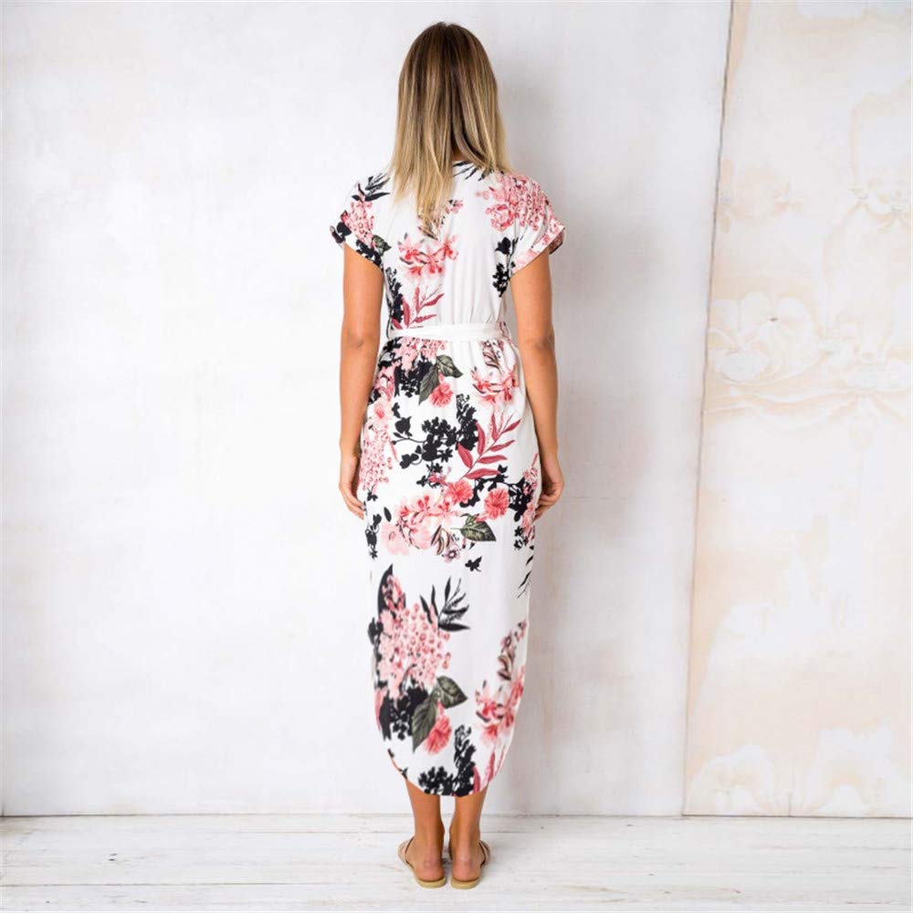 LitBud Womens Summer Dresses for Women Ladies Short Sleeve Casual Work Party Belted Shift Midi Tunic Dress Floral White Plus Size 12 14 XXL