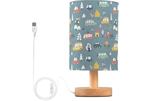 YYZZH Table Lamp Cute Cars Pattern Cartoon Transportation Doodle Nightstand Lamp with Wood Base Fabric Lamp Shade Bedside Desk Lamp for Living Room Bedroom Kids Room Office