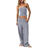 UNIANKIYA Womens Striped 2 Piece Lounge Set Strapless Tube Top and Wide Leg Pants Summer Beach Vacation Outfits Travel Set