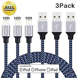 Lightning Cable, Cablex iPhone Charger 3Pack 10FT Ultra Long Nylon Braided USB Cable Cord Compatible with iPhone7 7Plus 6s 6sPlus 6 6Plus 5 5s 5c SE iPad iPod & More (BlackBlue)
