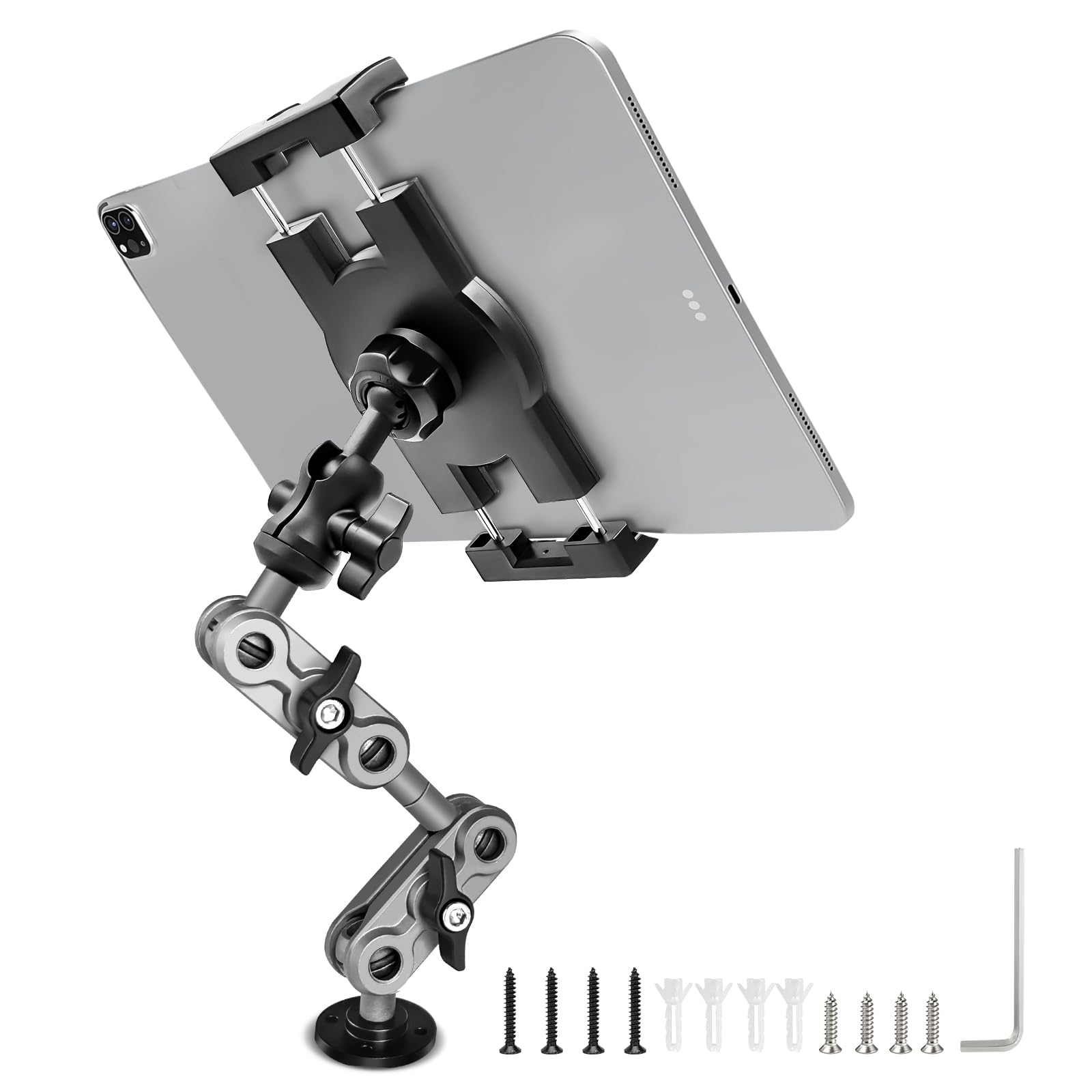 Photo 1 of Porfortop Aluminum Heavy Duty Drill Base Tablet Holder Car Mount Dashboard, 14.2“ Long 360°3-Stage Metal Stand Bracket for 4.7-12.9" iPad Pro/Air/Mini/Samsung Galaxy Tab, for Car Auto Truck Wall Desk