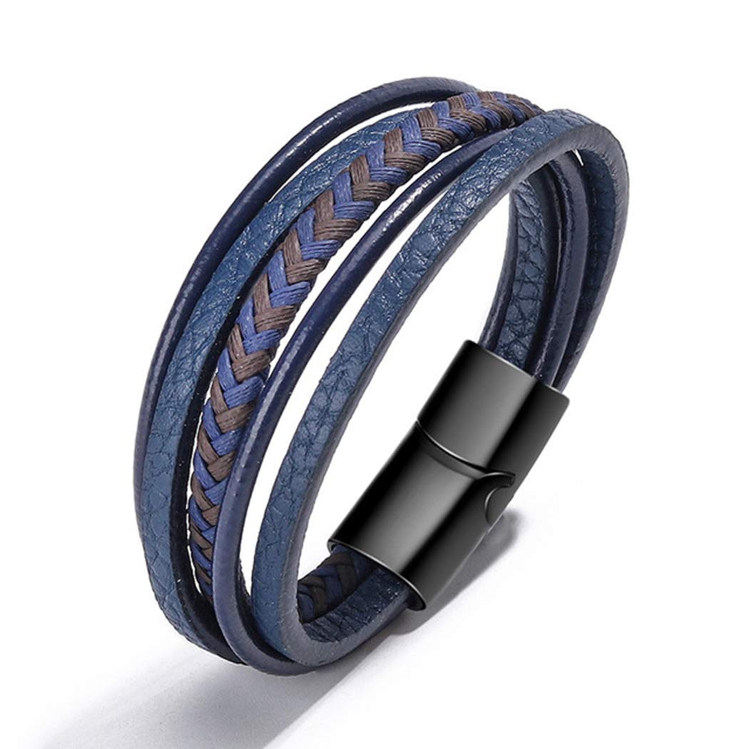 Mens Vintage Blue Leather Bracelet Boho Cowhide MultiLayer Braided Leather Mens Bangle Jewelry Wristband with Stainless Steel Magnetic Clasp（Mixed-black clasp）