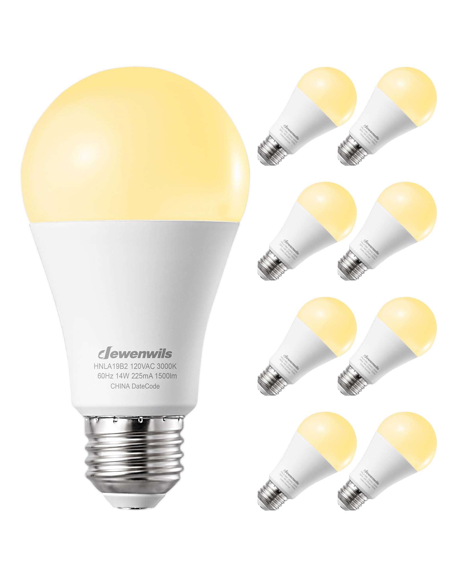 Photo 1 of DEWENWILS 8-Pack A19 LED Light Bulb, 1500LM, 3000K Soft Warm Light Bulb, Energy Saving 14W(100W Equivalent) LED Bulb, E26 Medium Screw Base, Non Dimmable, UL Listed