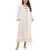 Rubehoow Women's Victorian Nightgown Vintage Long Sleeve Pajama Dress Soft Cotton Lounge Dress Nightwear