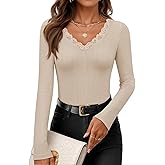 ZESICA Women's Long Sleeve Lace V Neck Fall Shirts Slim Fit Going Out Tops Ribbed Knit Dressy Business Casual Blouses
