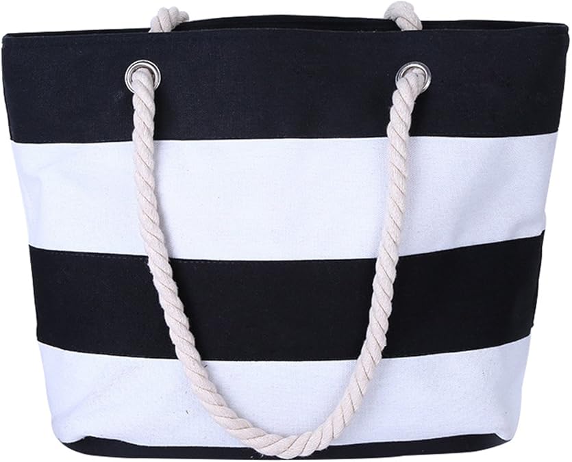 Cotton Canvas Tote Beach Bag With Zipper Top Handle Handbag
