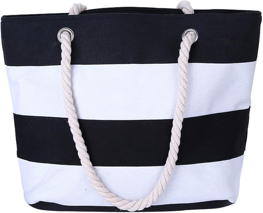 Cotton Canvas Tote Beach Bag With Zipper Top Handle Handbag