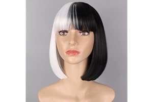 Tereshar Black and White Bob Wig for Women Short Straight Hair Wigs with Bangs Women's Costume Wigs Cruella Deville Costume Women's Cosplay Half Black Half White Women's Wig (12inch)