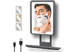 Rocollos Heated Fogless Shower Mirror, 360 Rotation, 3 Color Lighted, Rechargeable, Anti-Fog, Black, 13"L x 9"W