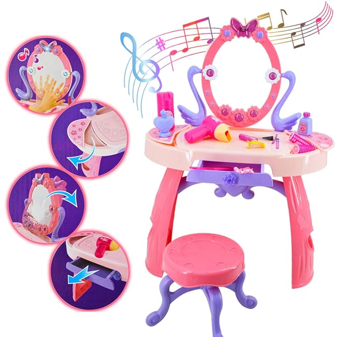 deAO Kinderschminktischset mit Licht-und Soundeffekten, Spiegel, Hocker und viel Zubehör
