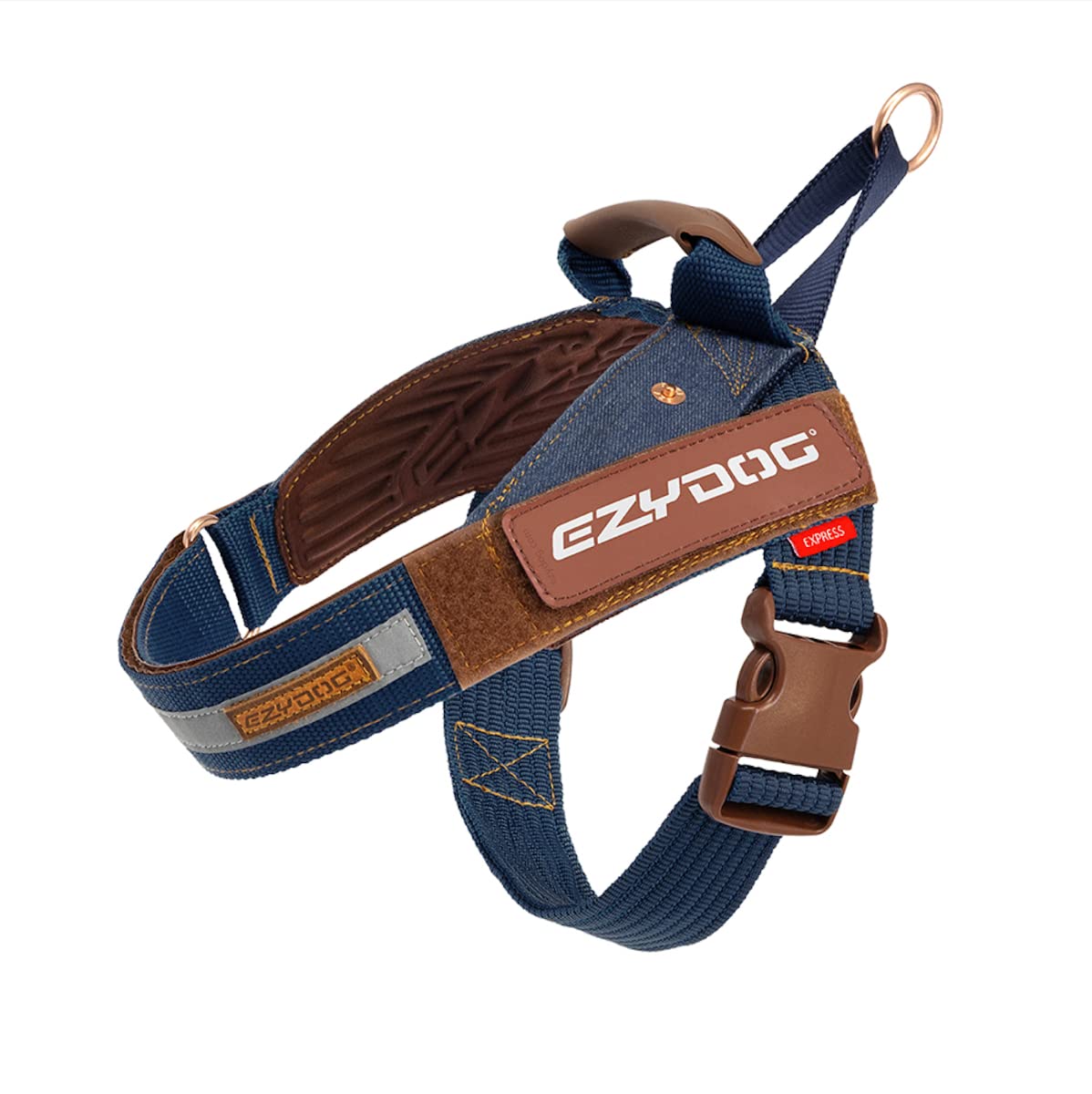 EzyDog Express Dog Harness | Dog Harness for Small, Medium and Large Dogs, Angled Ergonomic Design, Moulded Grip Handle, Easy Release Side Buckle (S, Denim)