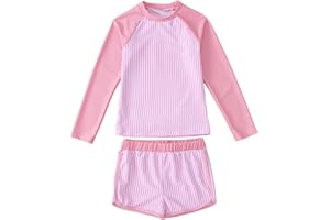 Ritatte Girls Rash Guard Swimsuit 2 Pieces Stripe Bathing Suit Long Sleeve Rashguard Beach Shorts Summer Swimwear 7-12T