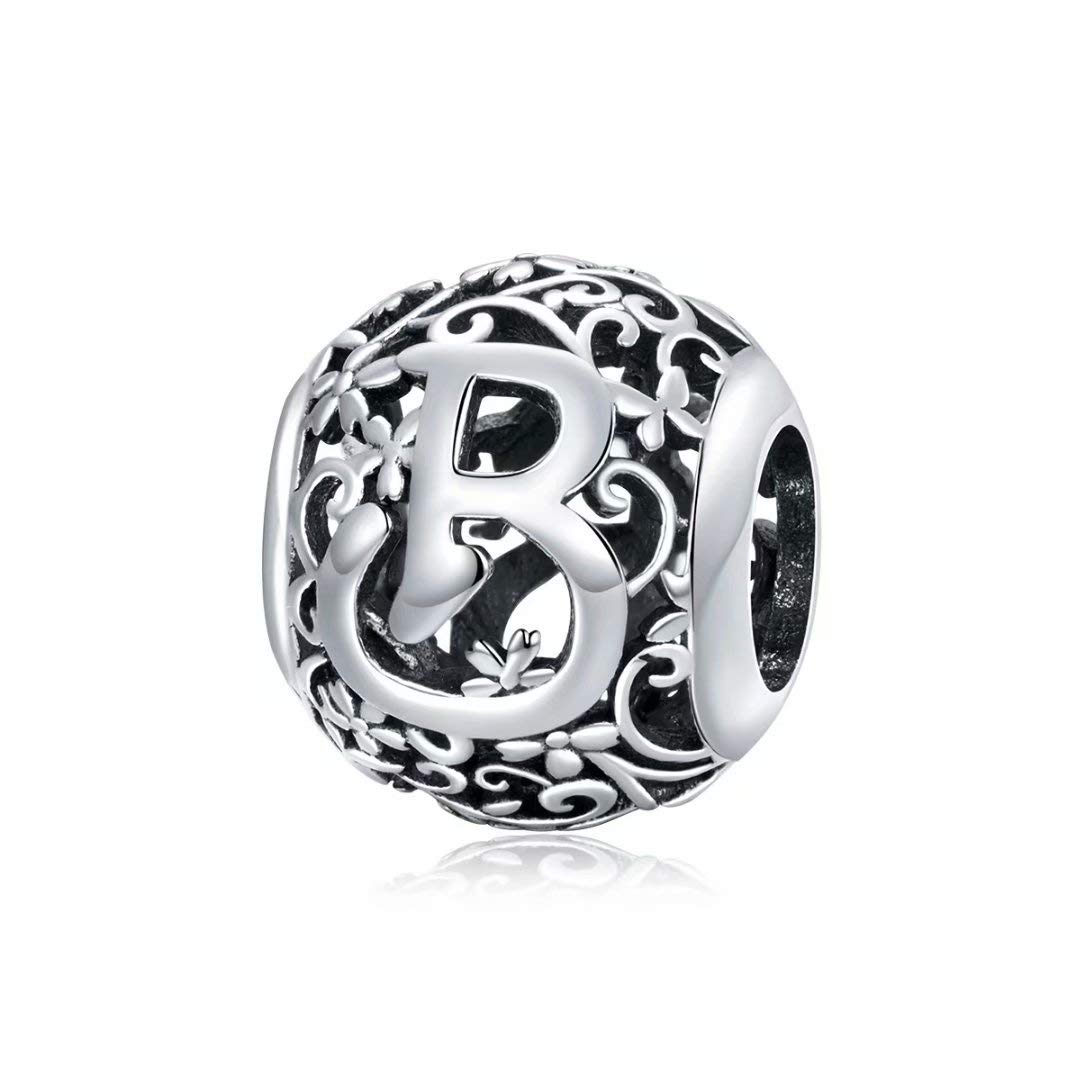Qings Letter Alphabet Charm 925 Sterling Silver Charms for Bracelets Necklace Compatible Openwork Initial Charms Bead Letters B Letter Beads Birthday Gift for Women Girls