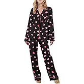 WNGECAT Women 2 Piece Valentine's Day Pajama Set Heart Print Long Sleeves Button Shirt and Elastic Pants Loungewear Sleepwear