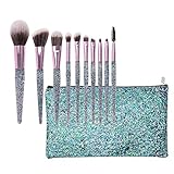 Makeup Brush Set, 10 PCs Professional Makeup Brushes for Foundation Blending Blush Concealer Eye Shadow, Synthetic Fiber Bristles & Acrylic Handle, Travel Makeup Bag Included, Glitter Green Valentines