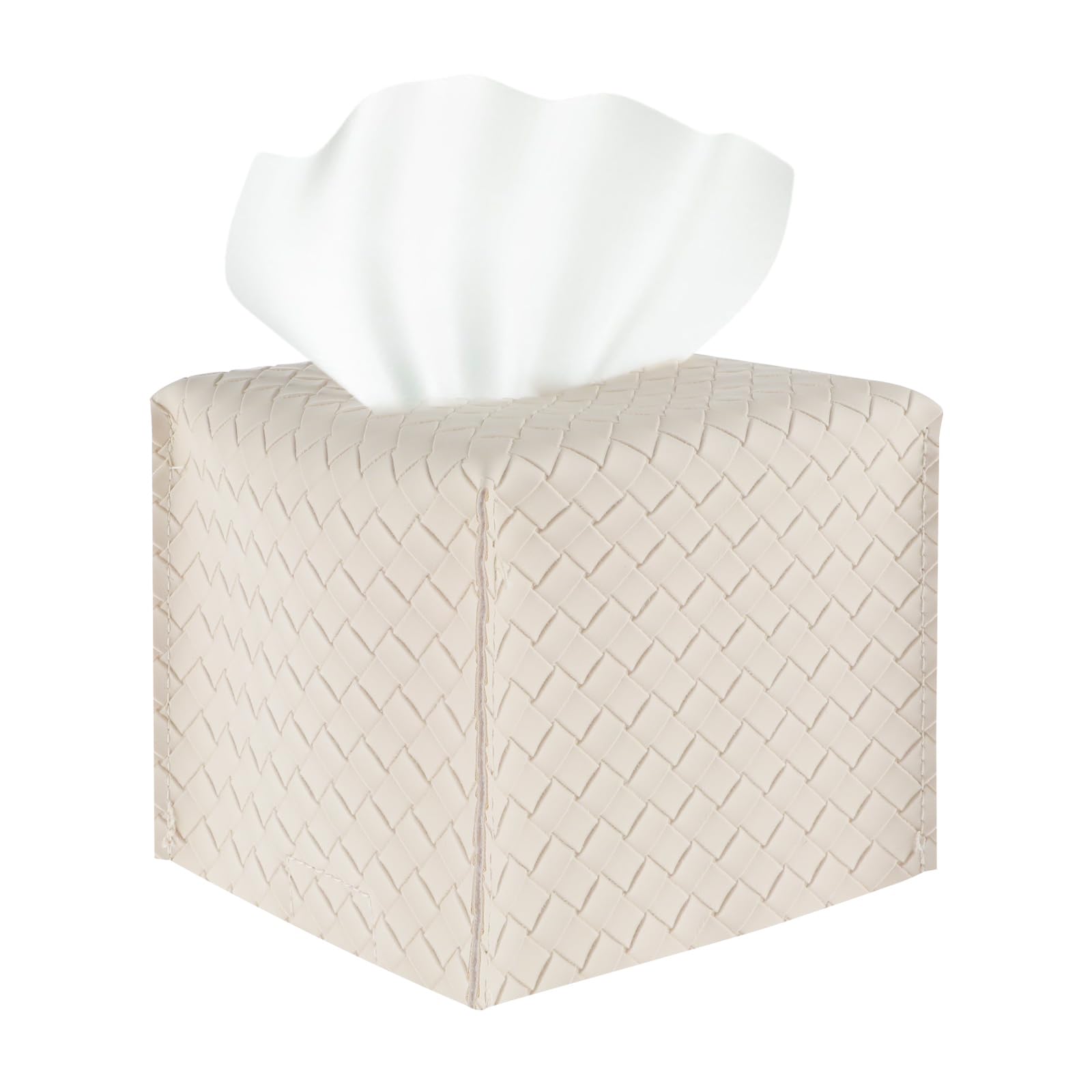Gjinxi Tissue Box Holder Cover PU Leather Paper Holder Square Facial Tissue Case Organizer Box Dispenser Beige Braid Storage Bag Accessories for Bathroom Vanity Countertop Tabletop Car