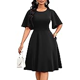 Nmoder Womens Wedding Guest Dress|A-Line Ruffle Flared Sleeve Summer Midi Dresses for Party Church Crewneck with Pockets