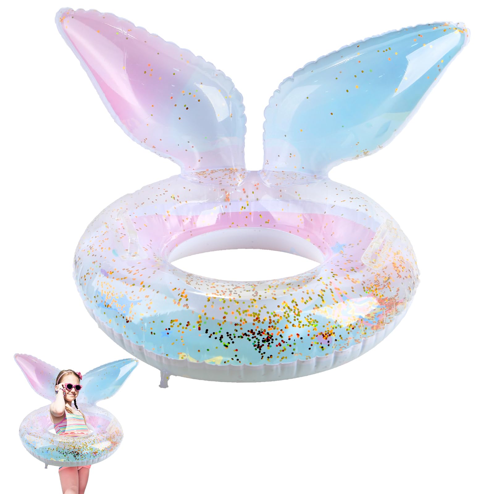 Swimming Ring for Kids, Mermaid Transparent Rubber Ring Inflatable Ring with Sequin, Color Leak-proof Pool Floats for Kids 4-9 Year(Fishtail)