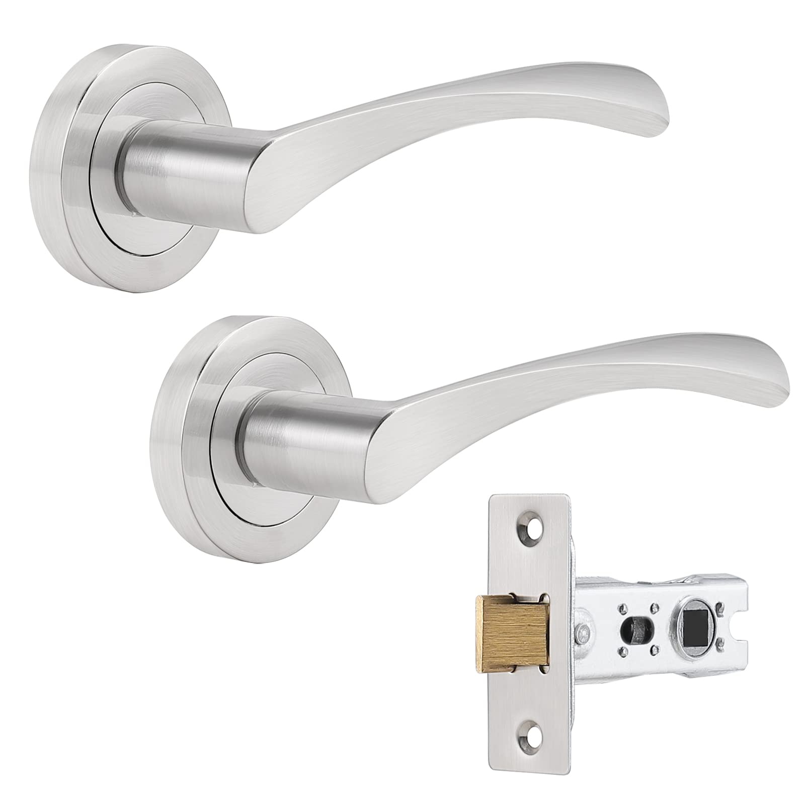 Probrico Brushed Nickel Round Rose Door Handle, Twisted Lever Internal Door Handles Set with 65mm Latch, Passage Handles Ideal for All Interal Doors, 1 Pack
