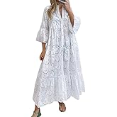 chouyatou Women's 2026 Lace Eyelet Embroidery Maxi Dress V-Neck Trumpet Sleeve Boho Flowy Swing Dress