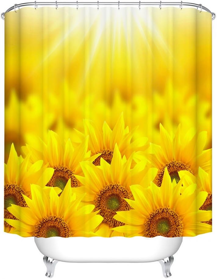 Fangkun Bathroom Shower Curtain Sunflower Printed Design - Polyester Fabric Waterproof Bath Curtains Decor Set - 12pcs Shower Hooks - Orange Yellow - 72 inches Long