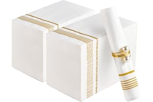 JOLLY CHEF Gold Striped Disposable Paper Napkins, 200 Pack Guest Towels Premium 3-Ply Dinner Napkins, Decorative Napkins for 