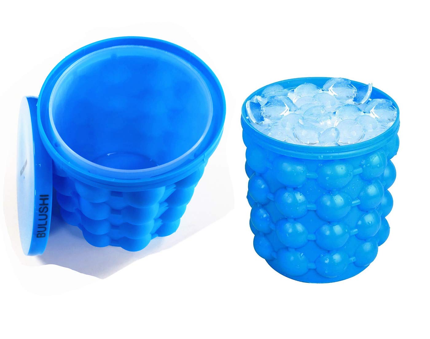 BULUSHI Large 2 in 1 Silicone Ice Bucket & Ice Mold with lid,Silicon Ice Cube Maker Genie, Portable Silicon Ice Cube Maker Blue 13.2X13.2X14CM