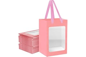 BALLHULL 12 Pcs Pink Kraft Paper Gift Bags with Transparent Window, 9.84"x7.0"x5.12" Kraft Shopping Bags with Handles for Present, Festivals Party